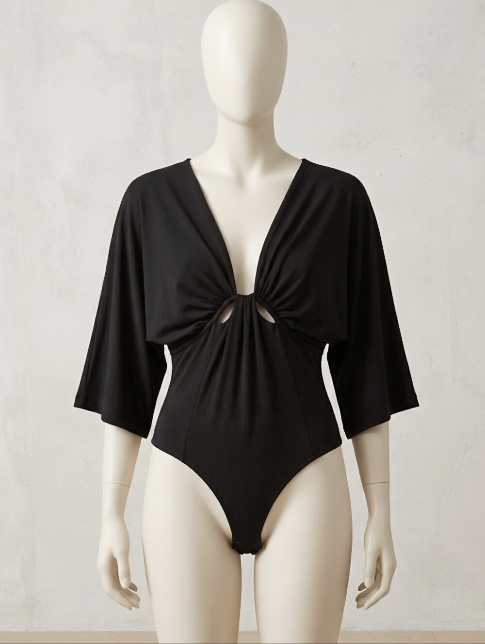 BCBG Chic Black Kimono Bodysuit with Center Cut-Out & Back Tie